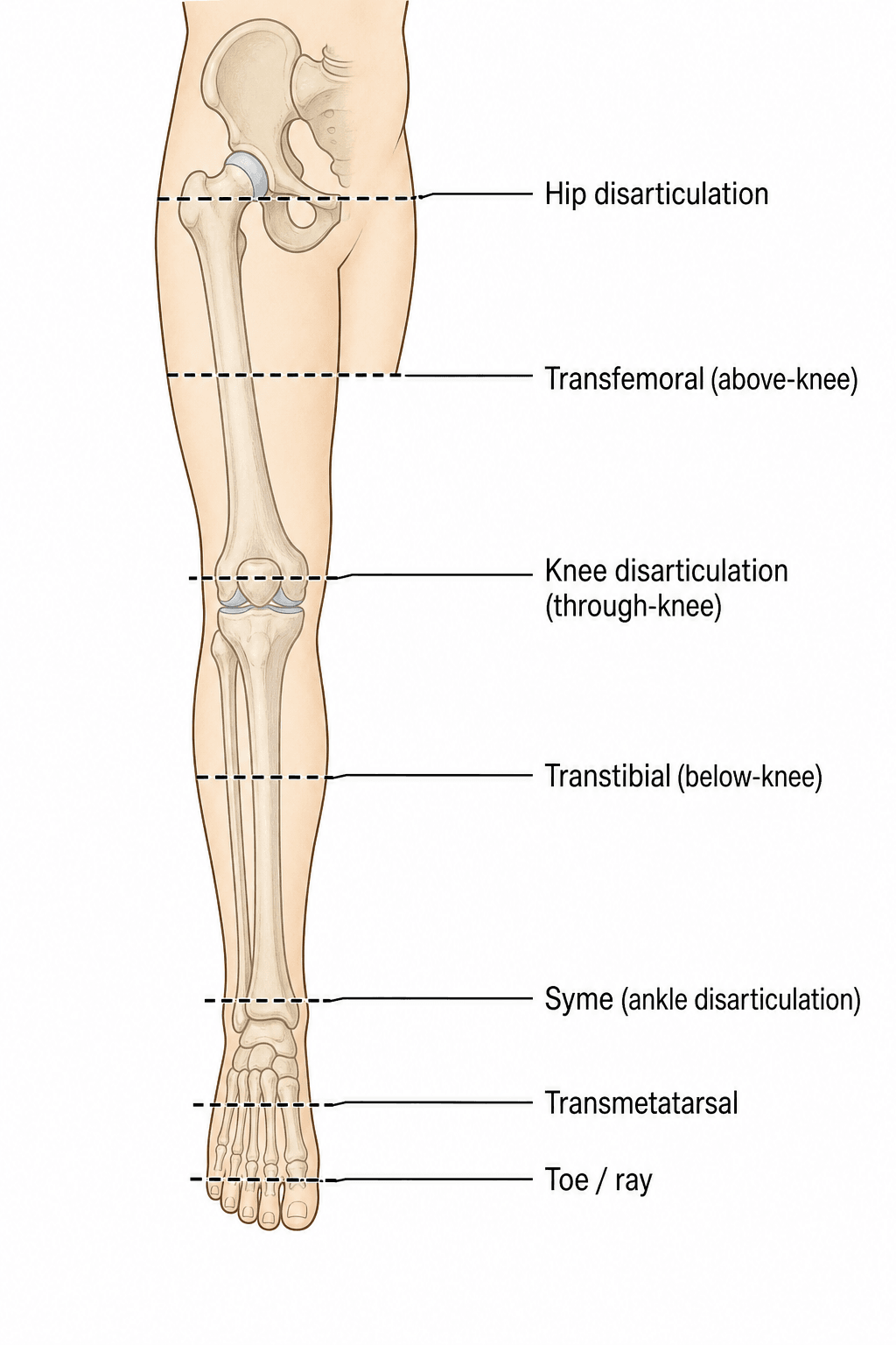 Diagram of the levels of lower-limb amputation from toe to hip disarticulation.