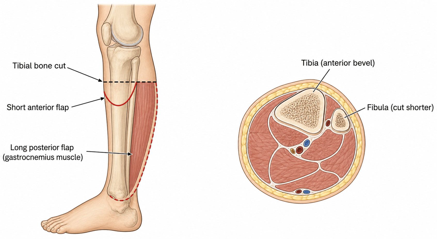 Diagram of the long posterior flap (Burgess) transtibial amputation technique.