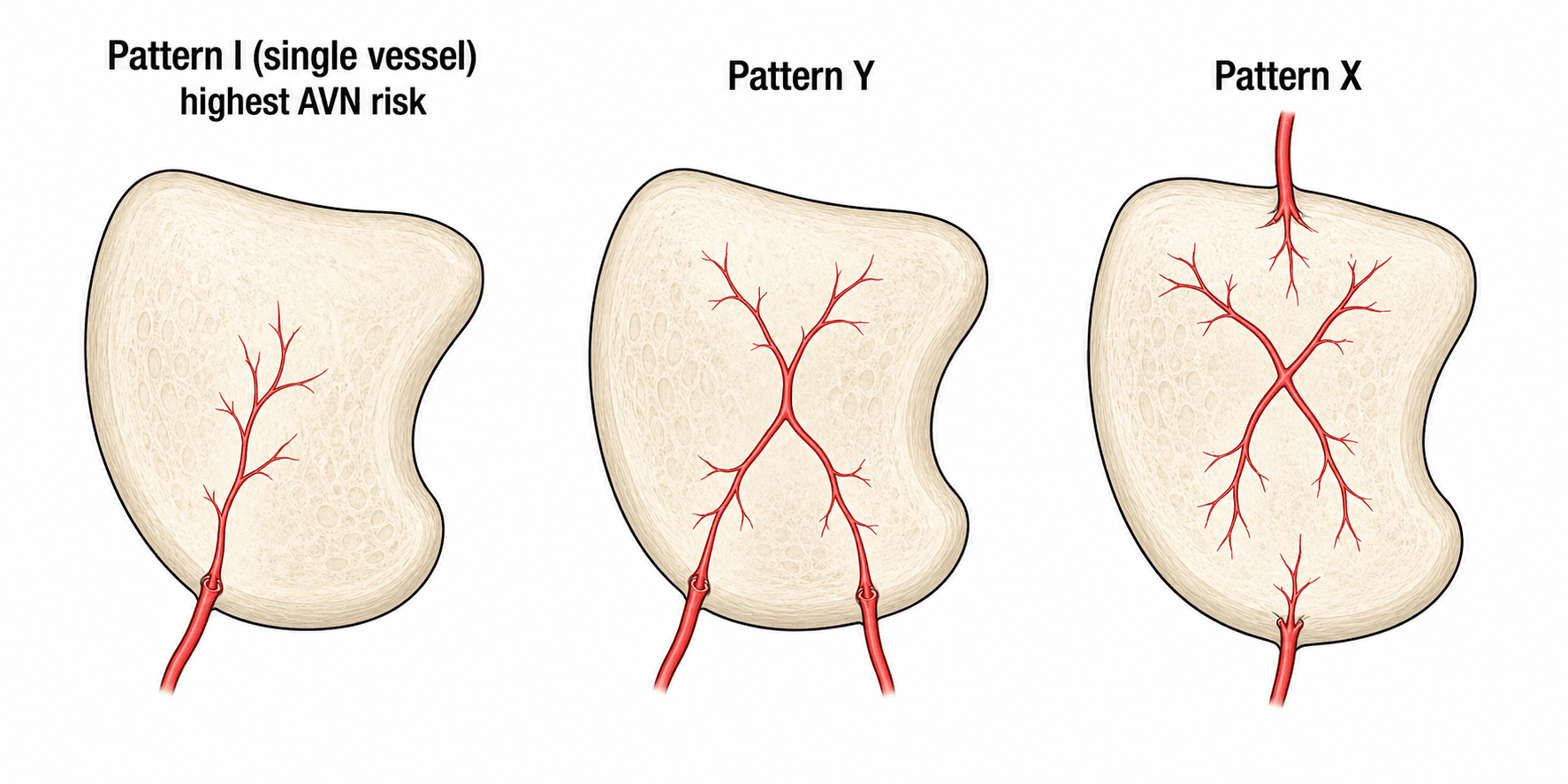 Diagram of the three intraosseous blood-supply patterns of the lunate described by Gelberman: the I, Y and X patterns.