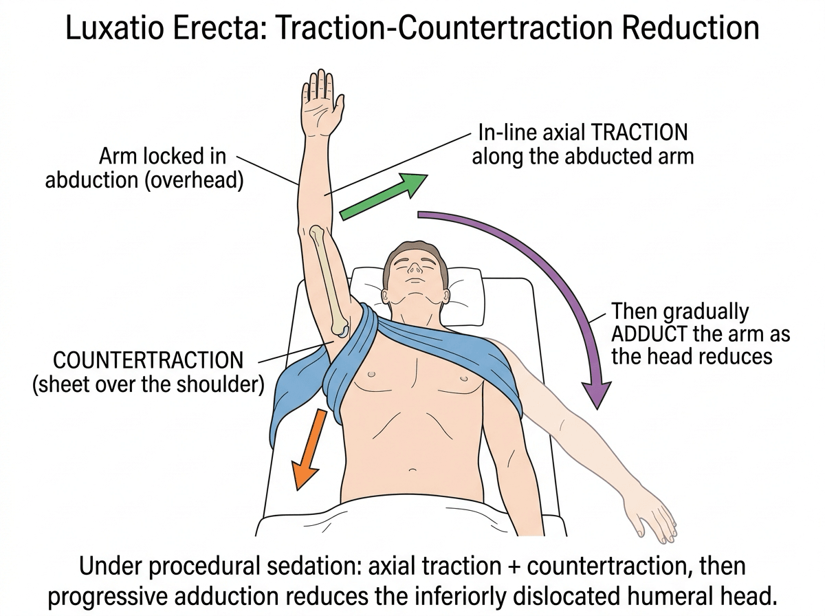 Illustration of traction-countertraction reduction of luxatio erecta: a supine patient with the arm locked in abduction, axial traction along the arm, a countertraction sheet over the shoulder, and progressive adduction