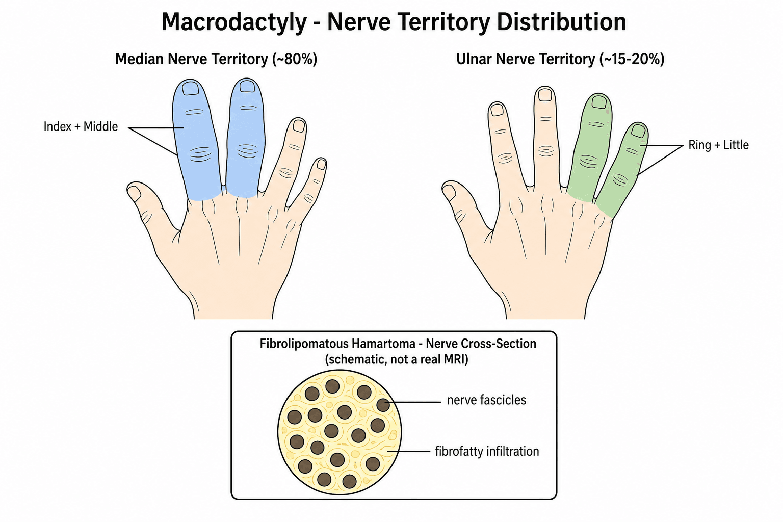 Schematic diagram of median versus ulnar nerve territory distribution in macrodactyly, with a nerve cross-section inset showing fibrolipomatous hamartoma