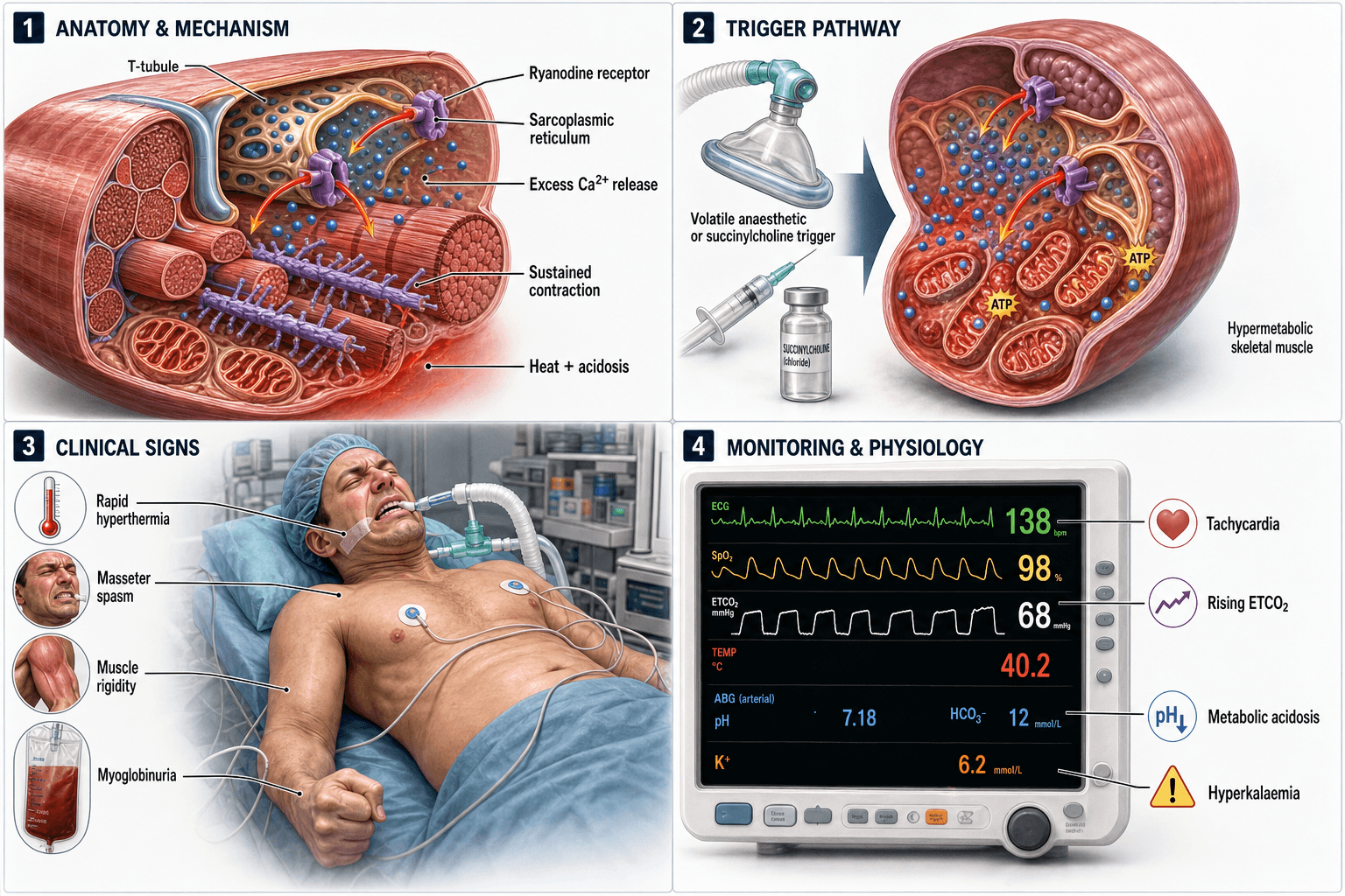 Malignant hyperthermia mechanism, trigger pathway, clinical signs and monitoring findings: excess calcium release via the ryanodine receptor causing sustained muscle contraction, hyperthermia, masseter spasm, muscle rigidity, myoglobinuria, rising end-tidal CO2, metabolic acidosis and hyperkalaemia.