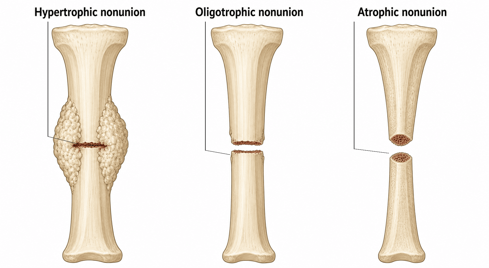 Diagram comparing hypertrophic, oligotrophic and atrophic nonunion of a long-bone fracture, showing exuberant callus versus a poorly vascularised atrophic gap.