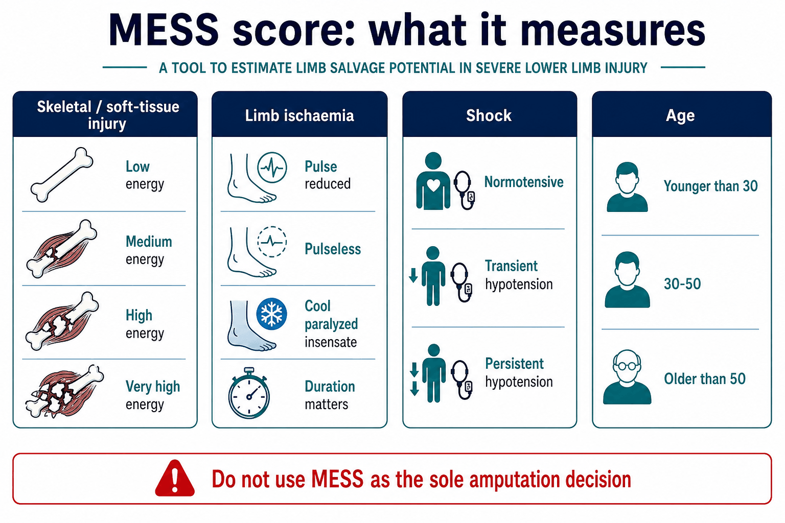 MESS classification scoring system components showing skeletal soft tissue injury, limb ischaemia, shock and age