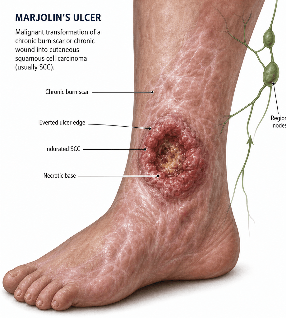 Illustration of a Marjolin's ulcer arising in a chronic burn scar.