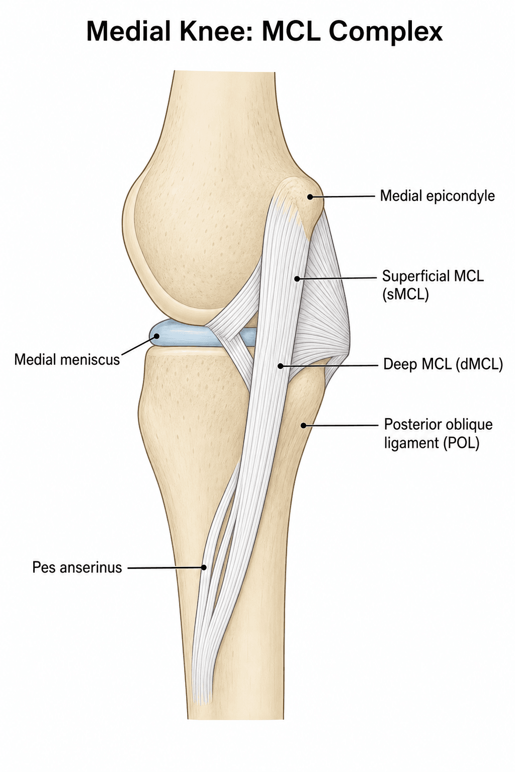 Medial view of the knee showing the three medial stabilisers - superficial MCL, deep MCL and posterior oblique ligament - with the medial meniscus and pes anserinus.