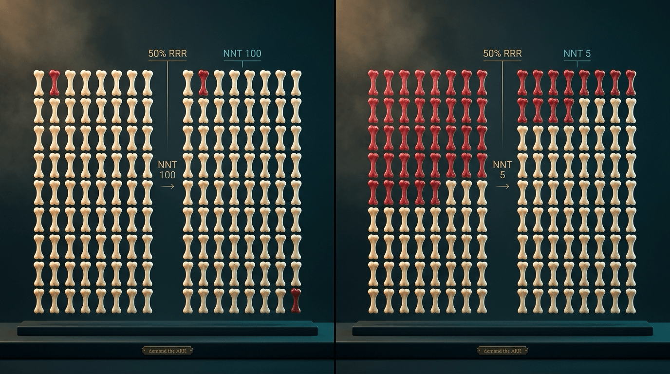 Two-panel still of a 50 percent relative risk reduction: NNT of 100 at a 2-to-1 percent baseline versus NNT of 5 at a 40-to-20 percent baseline.