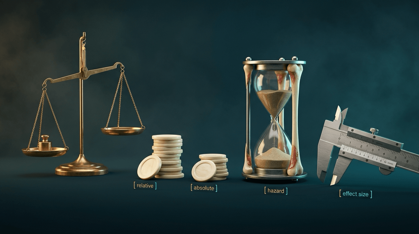 Studio still of a two-pan balance, two piles of tokens, an hourglass and a caliper representing relative, absolute, hazard and effect-size families.