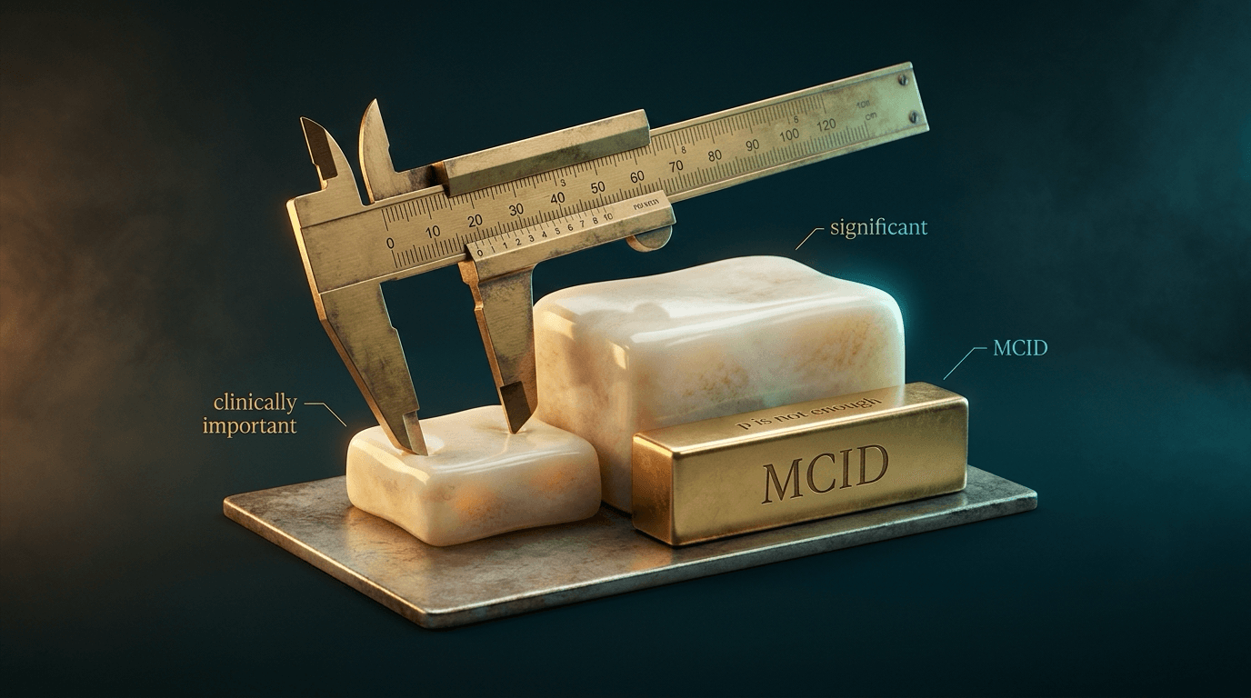 A brass caliper measuring a tiny ivory step below a gold MCID threshold, beside a larger step that clears it.