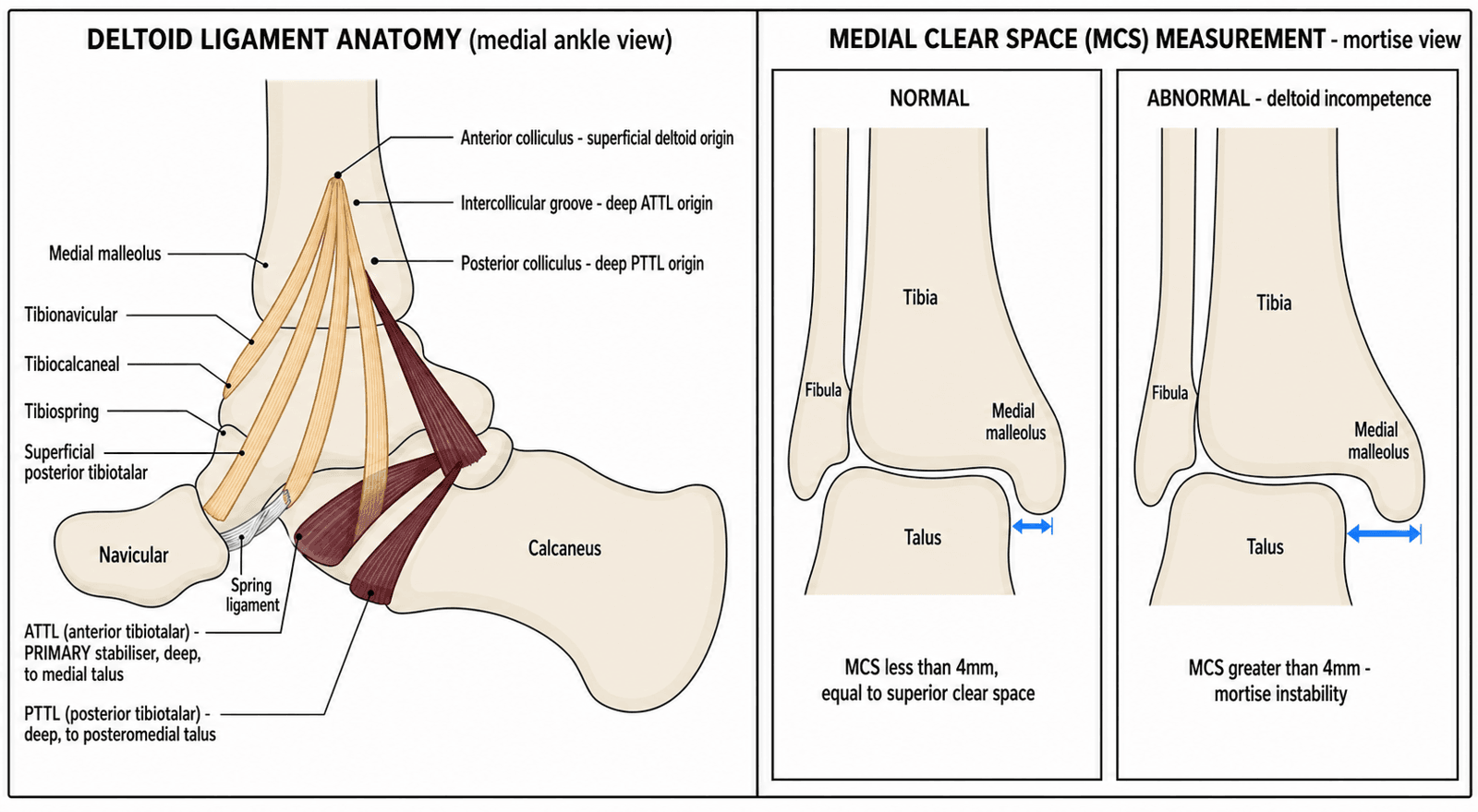 Schematic diagram of deltoid ligament anatomy (superficial and deep layers) and medial clear space measurement on a mortise radiograph