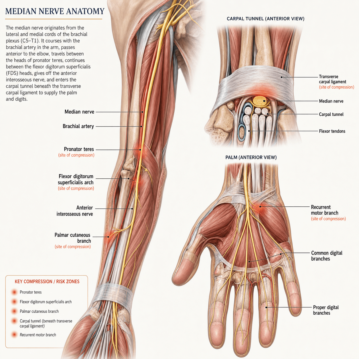 Surgical anatomy diagram of the median nerve guiding the carpal tunnel release and decompression technique.