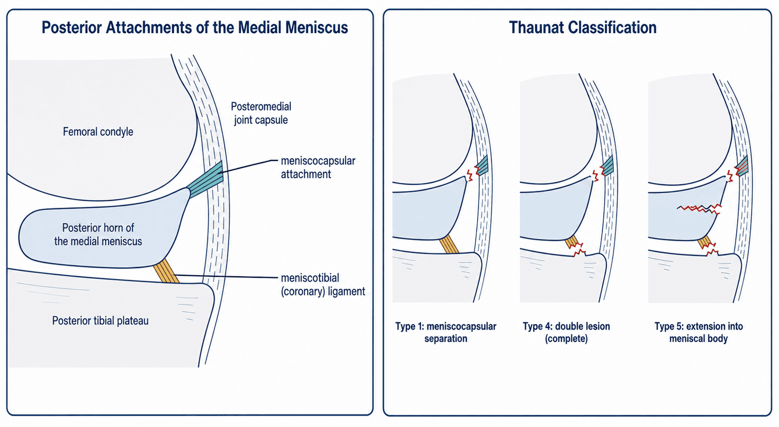 Two-panel schematic: the superior meniscocapsular attachment and inferior meniscotibial (coronary) ligament of the posterior horn of the medial meniscus, and the Thaunat classification (Type 1 meniscocapsular separation, Type 4 double lesion, Type 5 extension into meniscal body).