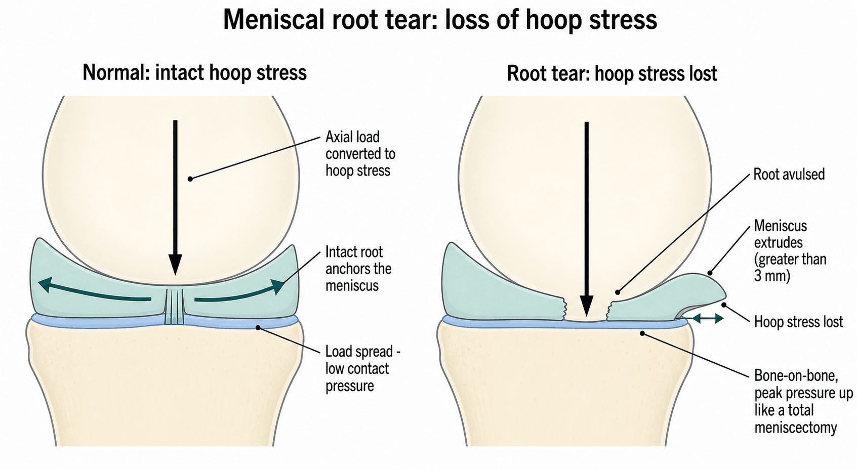 Two-panel coronal knee schematic of hoop stress: a normal meniscus with an intact root converting axial load to hoop stress versus a root tear with the meniscus extruded, hoop stress lost and bone-on-bone contact.