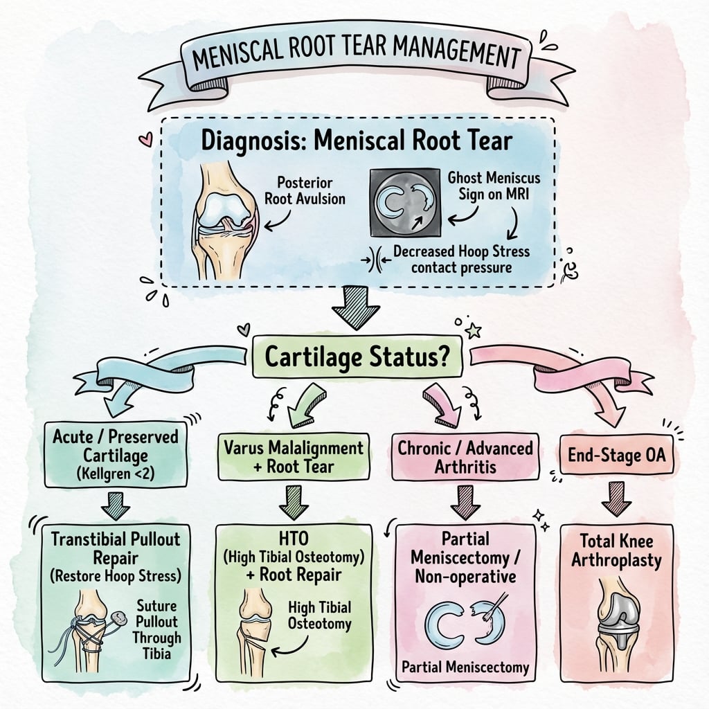 Meniscal root tear management algorithm flowchart