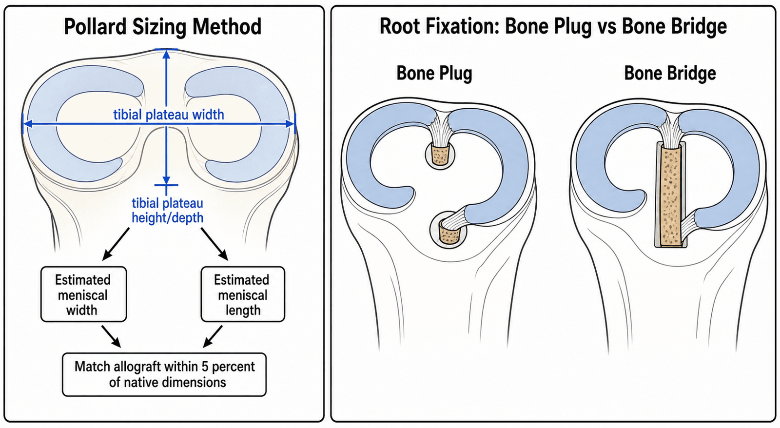 Two-panel schematic: the Pollard method for meniscal allograft sizing from tibial plateau width and height, and a comparison of bone plug versus bone bridge root fixation technique.