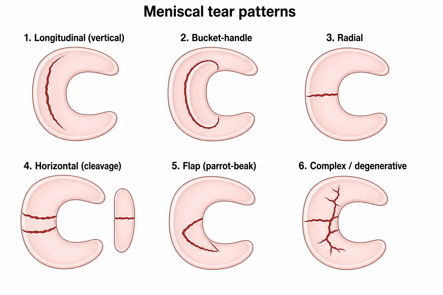 Diagram of the common meniscal tear morphologies: longitudinal, bucket-handle, radial, horizontal, flap and complex.
