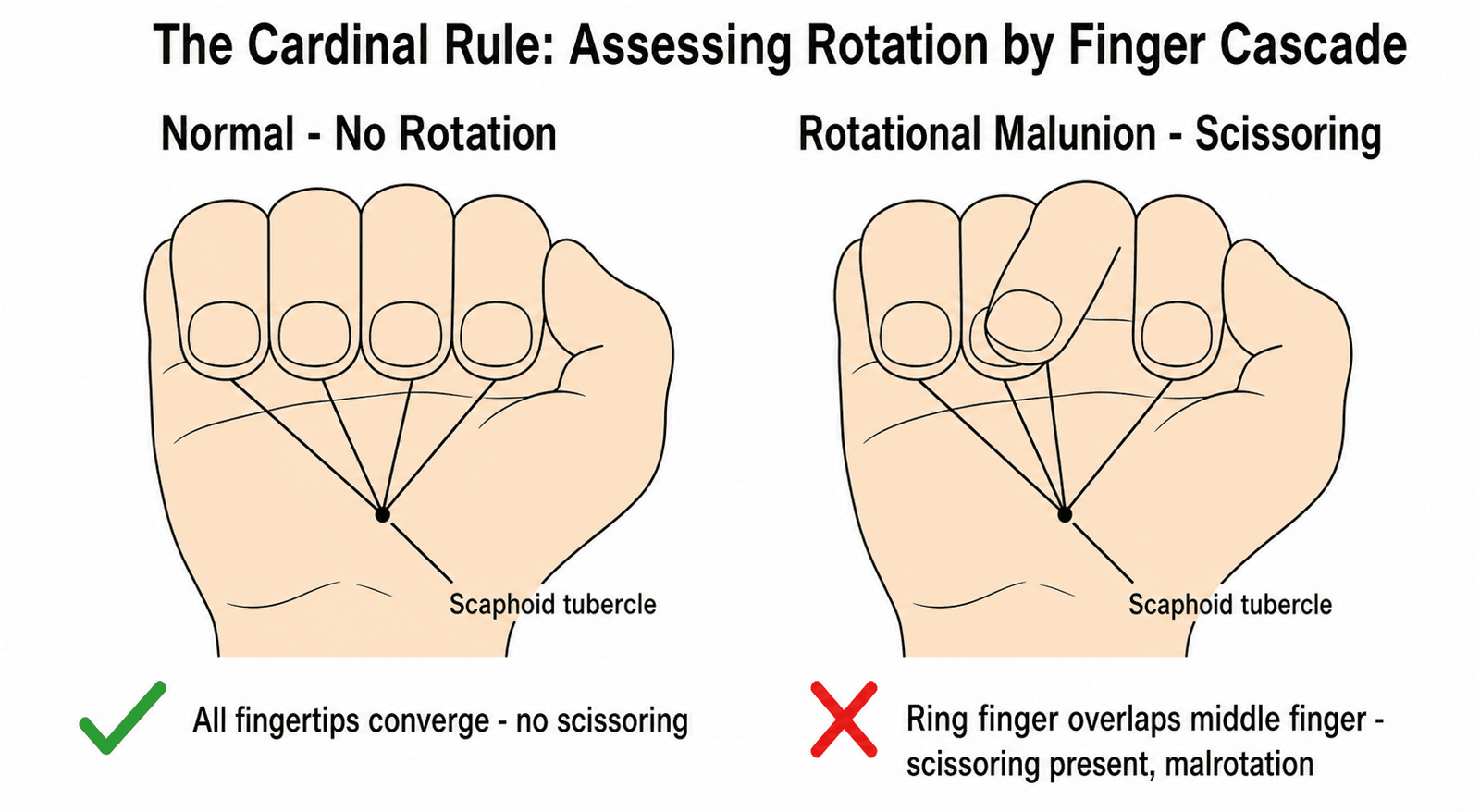 Schematic diagram comparing a normal finger cascade converging on the scaphoid tubercle against a rotated ring finger overlapping the middle finger (scissoring)