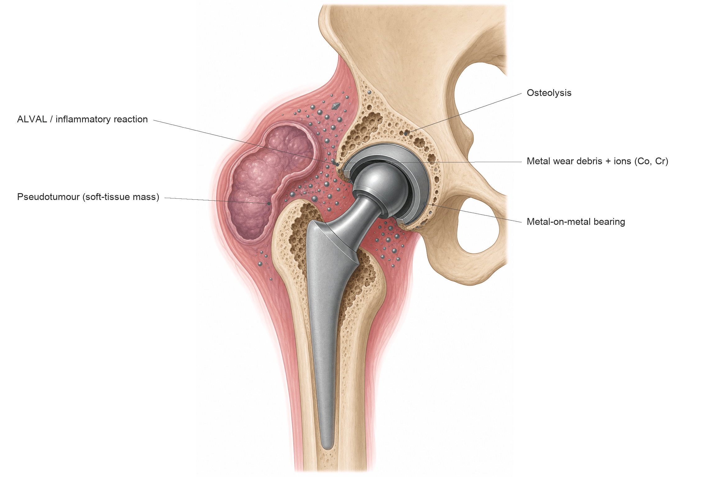 Labelled coronal diagram of a metal-on-metal hip replacement showing adverse reaction to metal debris: wear particles, a pseudotumour, osteolysis and inflammatory reaction.