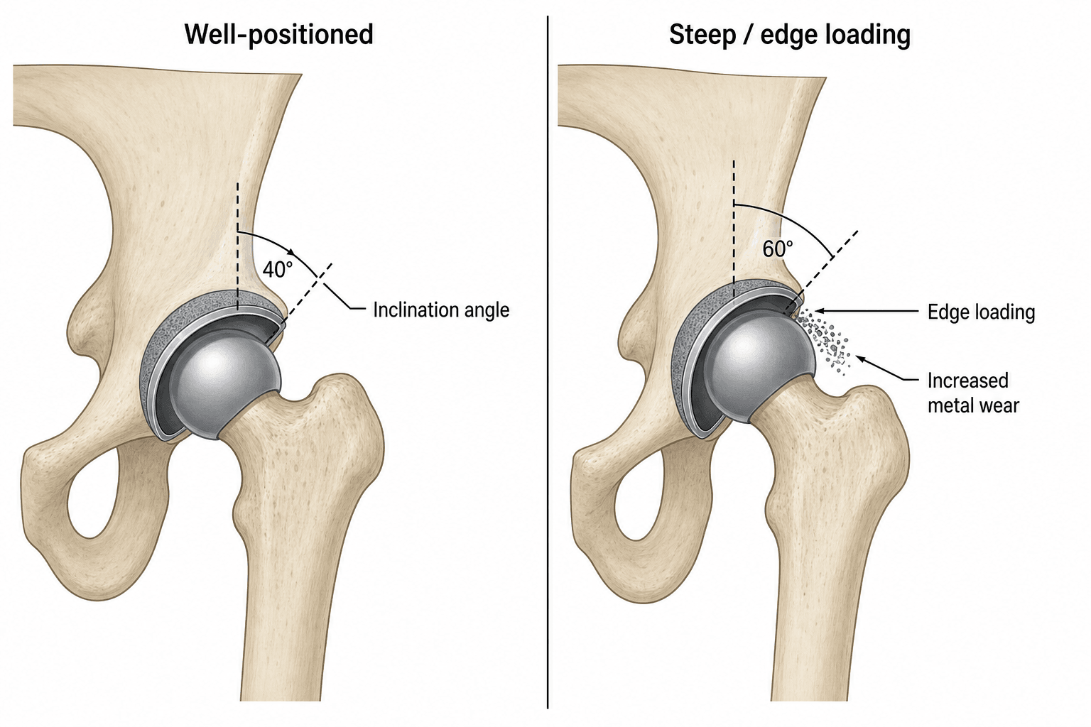 Two-panel diagram comparing a well-positioned acetabular cup with a steep, edge-loading cup that generates increased metal wear.
