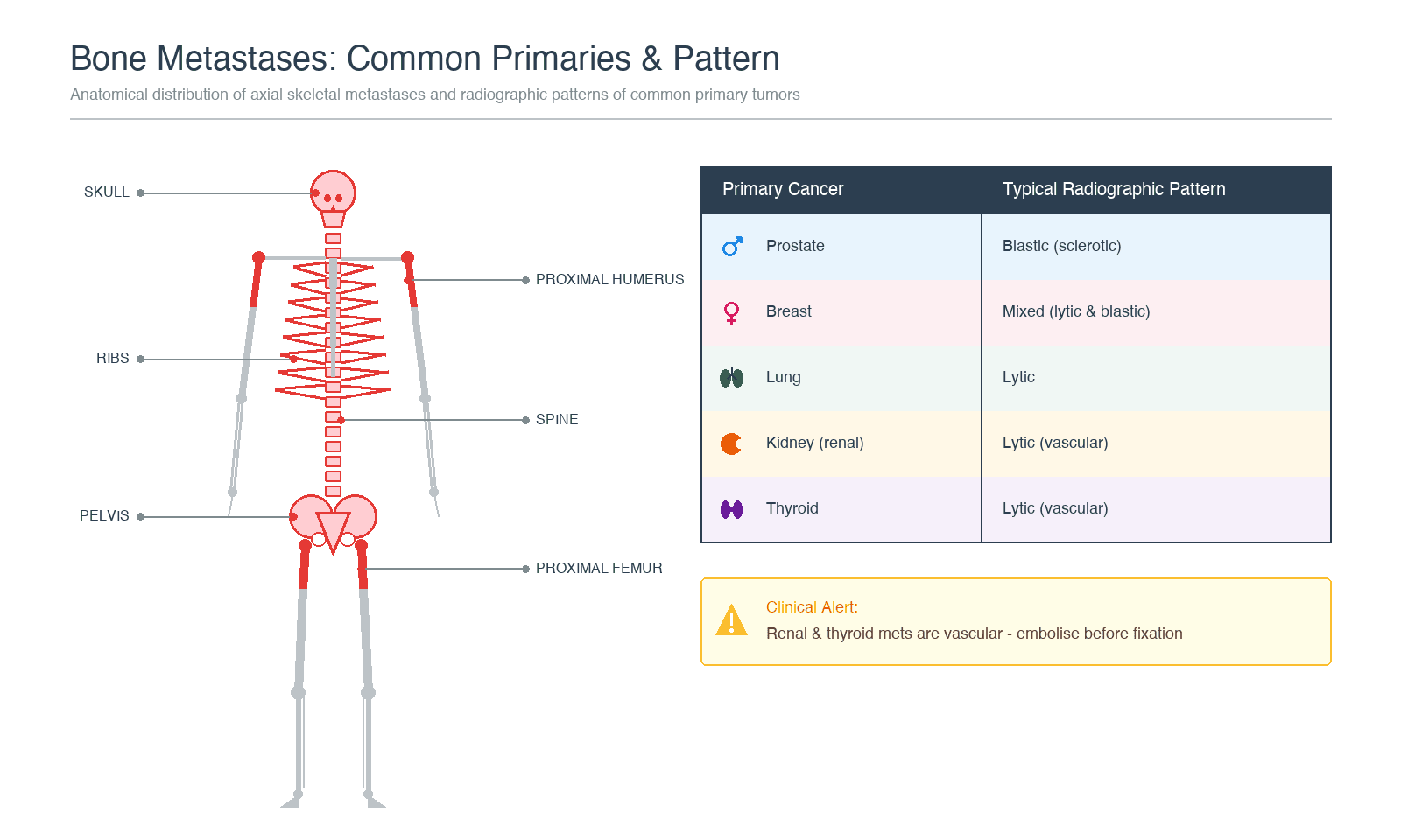 Infographic of common primary tumours that metastasise to bone and their radiographic pattern