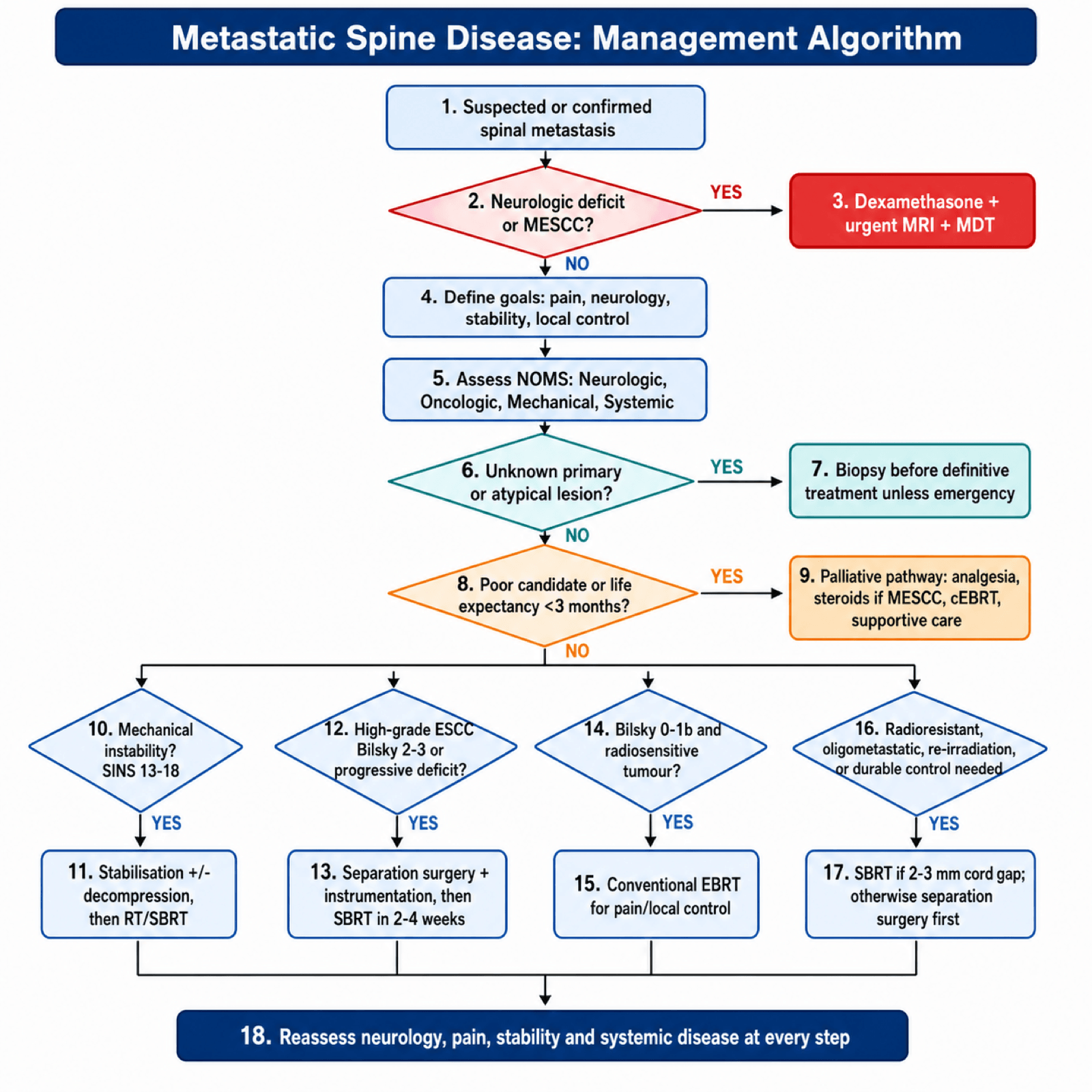 Flowchart for management of metastatic spine disease from MESCC triage through NOMS assessment to surgery, SBRT or conventional radiotherapy