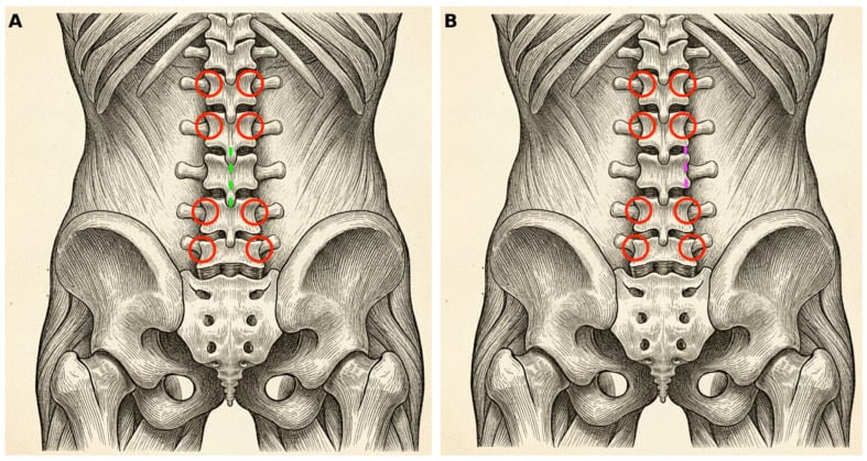 Schematic of percutaneous pedicle screw and midline or unilateral separation-surgery incisions