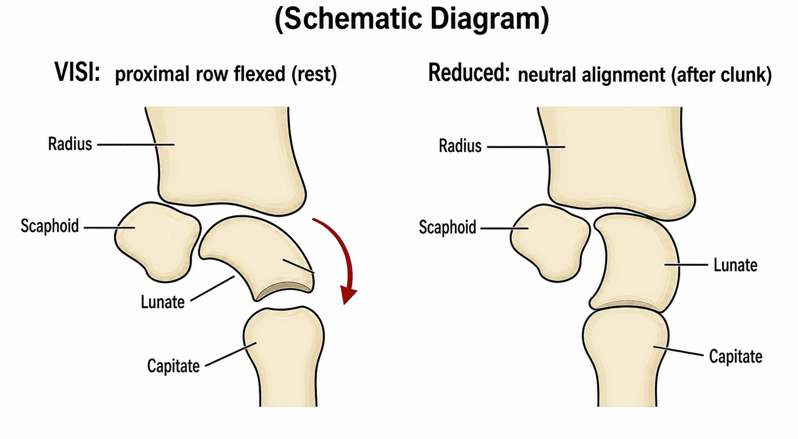 Schematic diagram comparing the VISI (palmar-flexed) lunate position at rest with the neutral, reduced alignment after the catch-up clunk