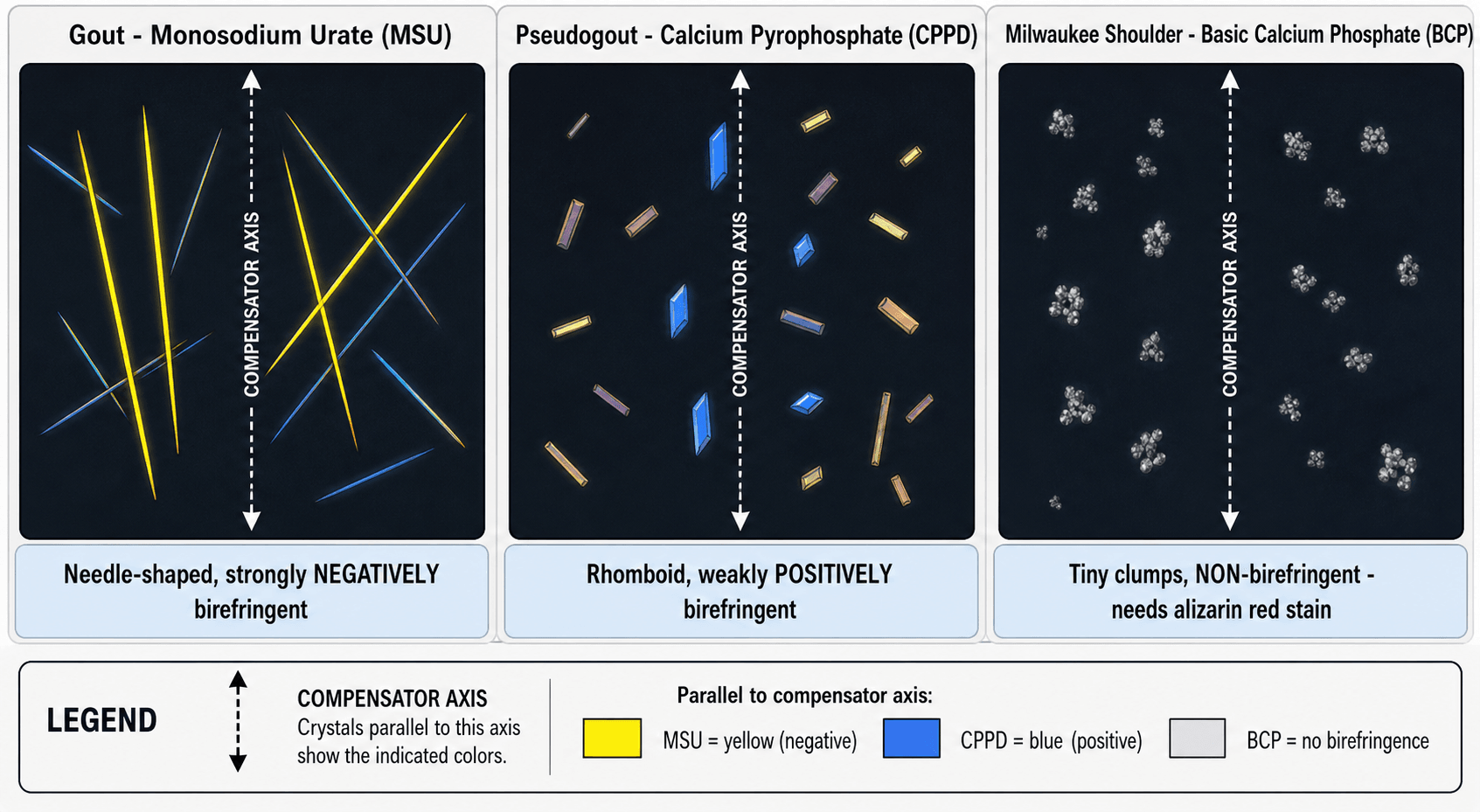 Comparison of MSU, CPPD and BCP crystals under compensated polarized light showing needle-shaped negatively birefringent gout crystals, rhomboid positively birefringent CPPD crystals, and non-birefringent BCP clumps