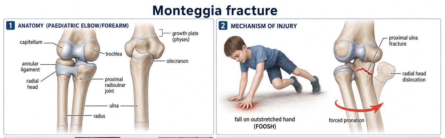 Two-panel illustration of the paediatric Monteggia lesion: elbow/forearm anatomy and the fall-on-outstretched-hand mechanism.