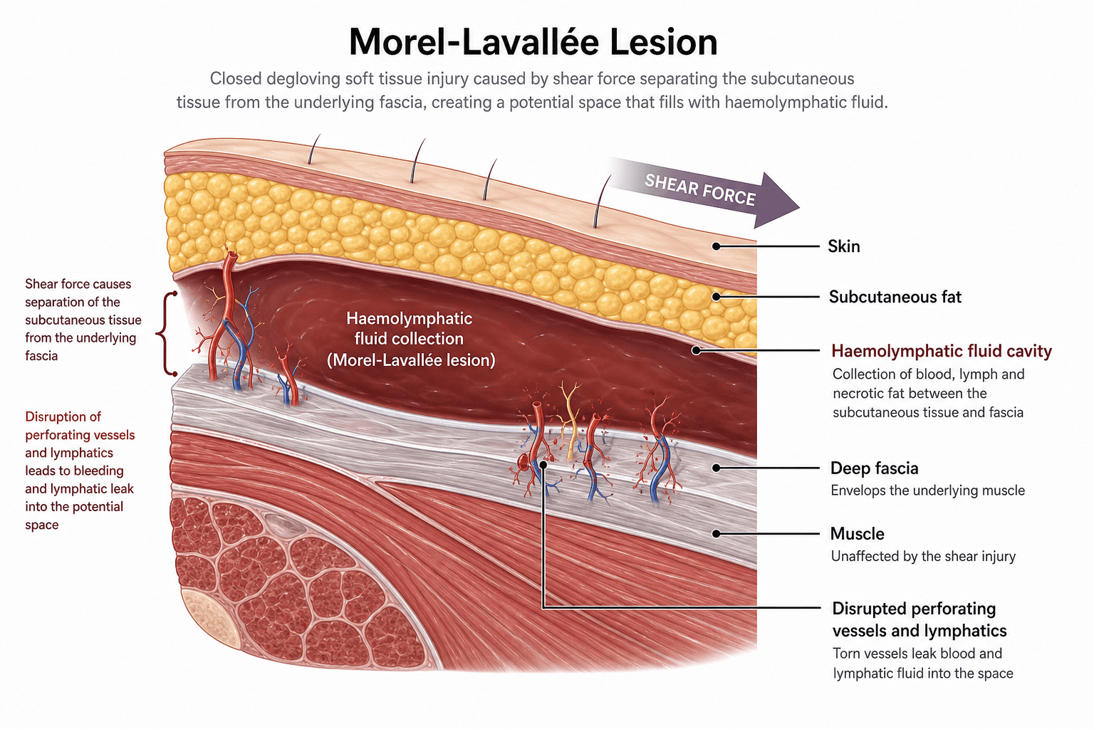 Cross-sectional diagram of a Morel-Lavallee lesion showing shear separation of subcutaneous tissue from deep fascia