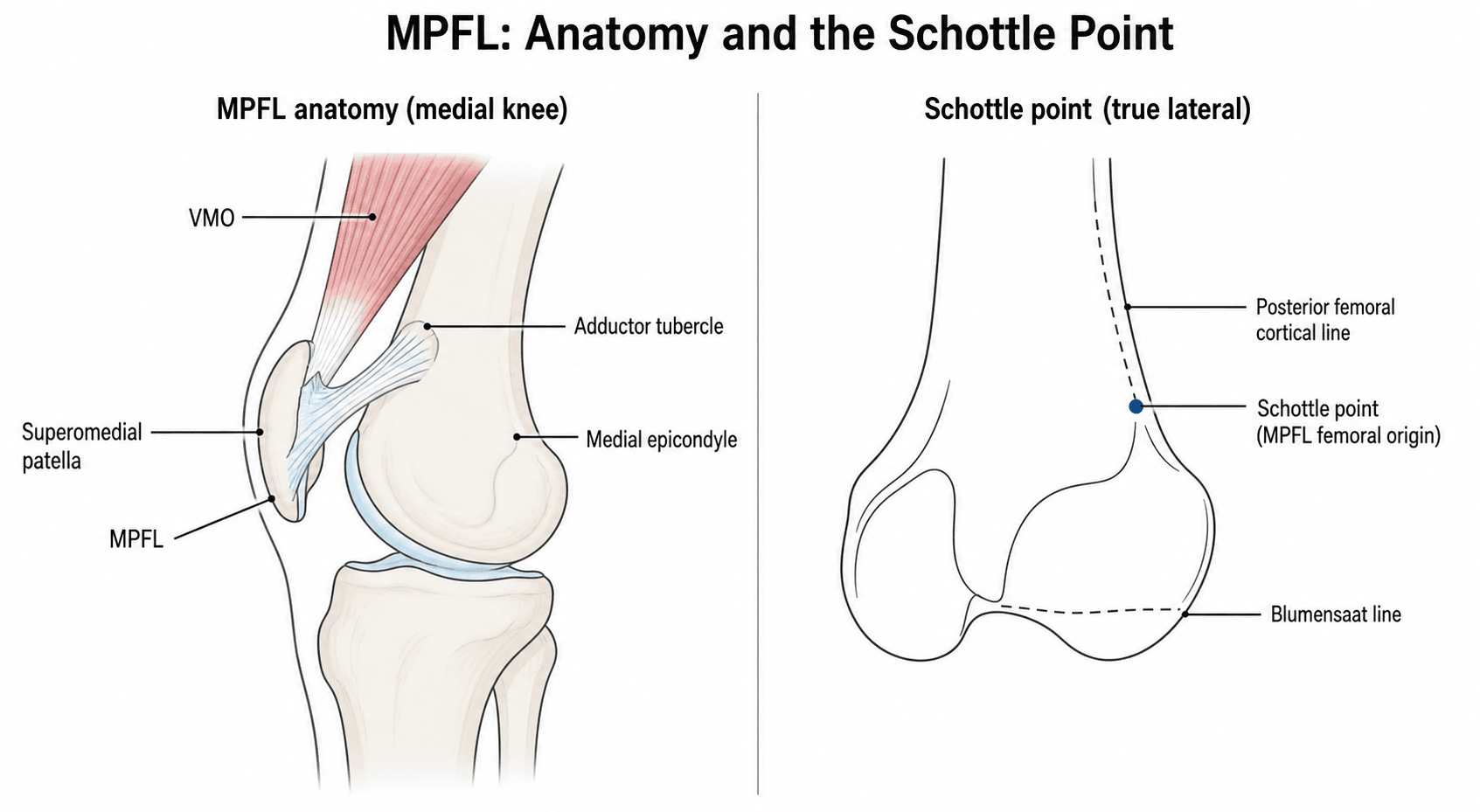 Two-panel diagram: medial-knee MPFL anatomy from the femoral origin to the superomedial patella, and the Schottle point on a true lateral radiograph.