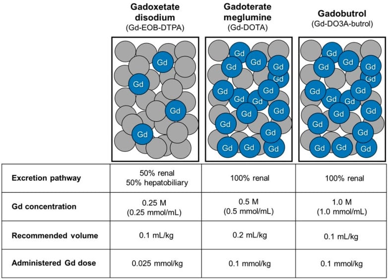 Diagram comparing excretion pathways, concentrations and administered doses of three gadolinium contrast agents.
