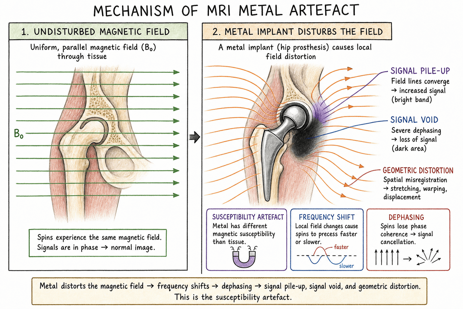 Mechanism of MRI metal artefact from magnetic field distortion around an implant