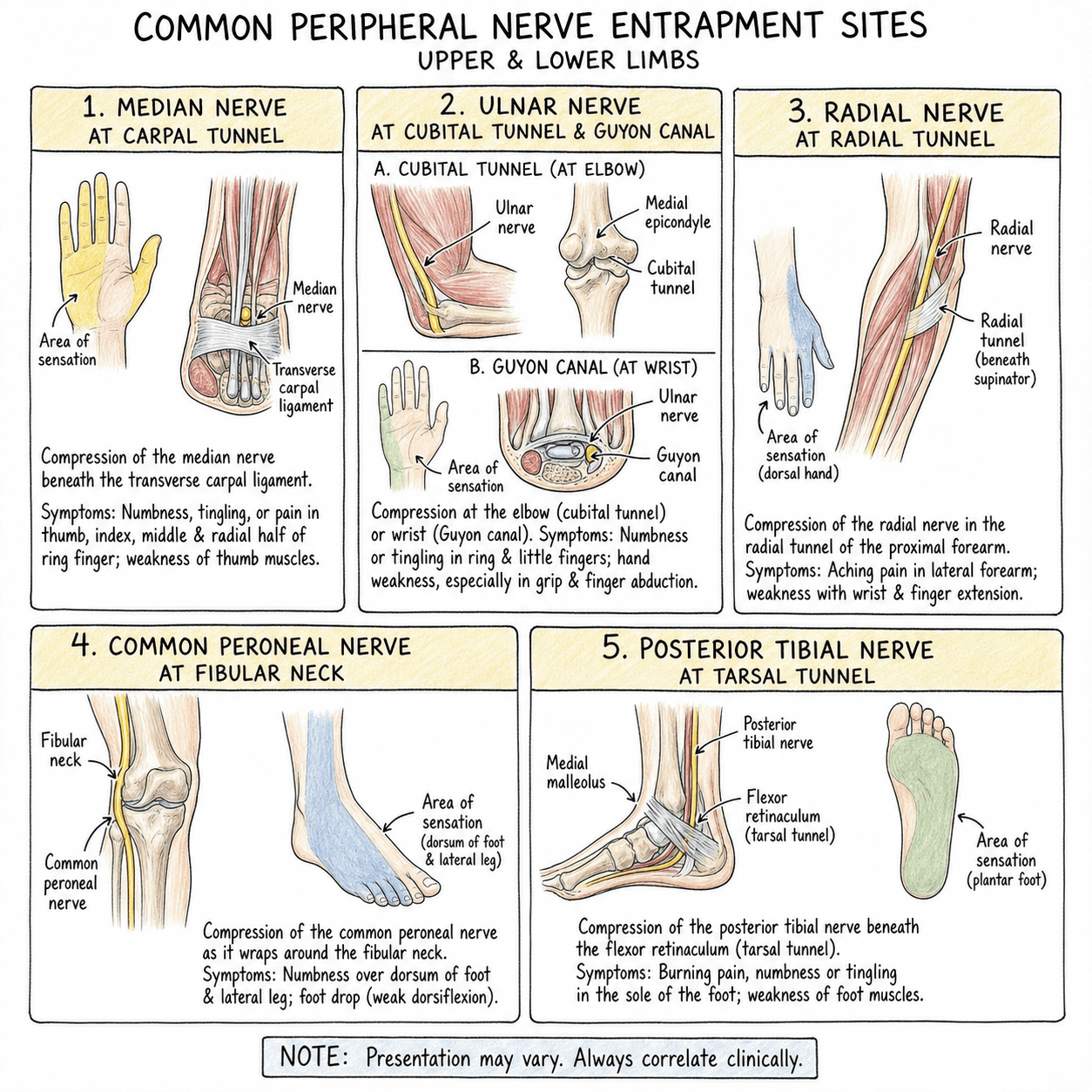 Common upper and lower limb peripheral nerve entrapment sites