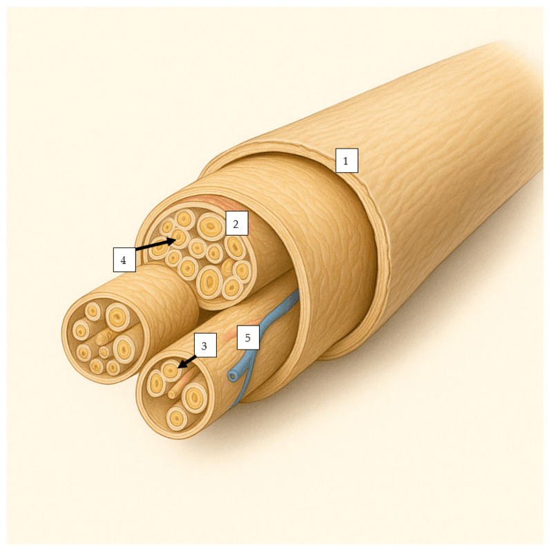 Illustration of a peripheral nerve cut across, showing the epineurium, fascicles bounded by perineurium, nerve fibres and a blood vessel, with numbered labels
