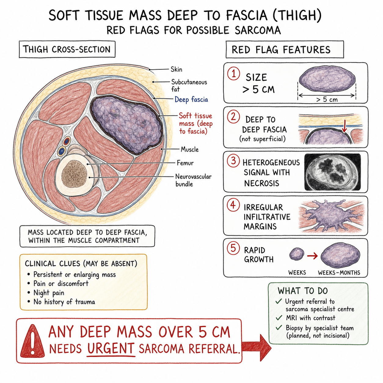 Red-flag MRI features of a soft tissue mass suggesting malignancy