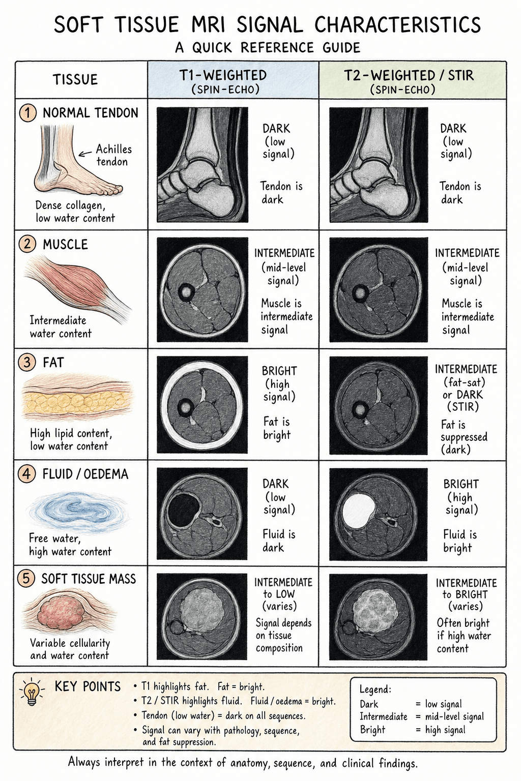 T1 and T2 MRI signal characteristics of soft tissue structures