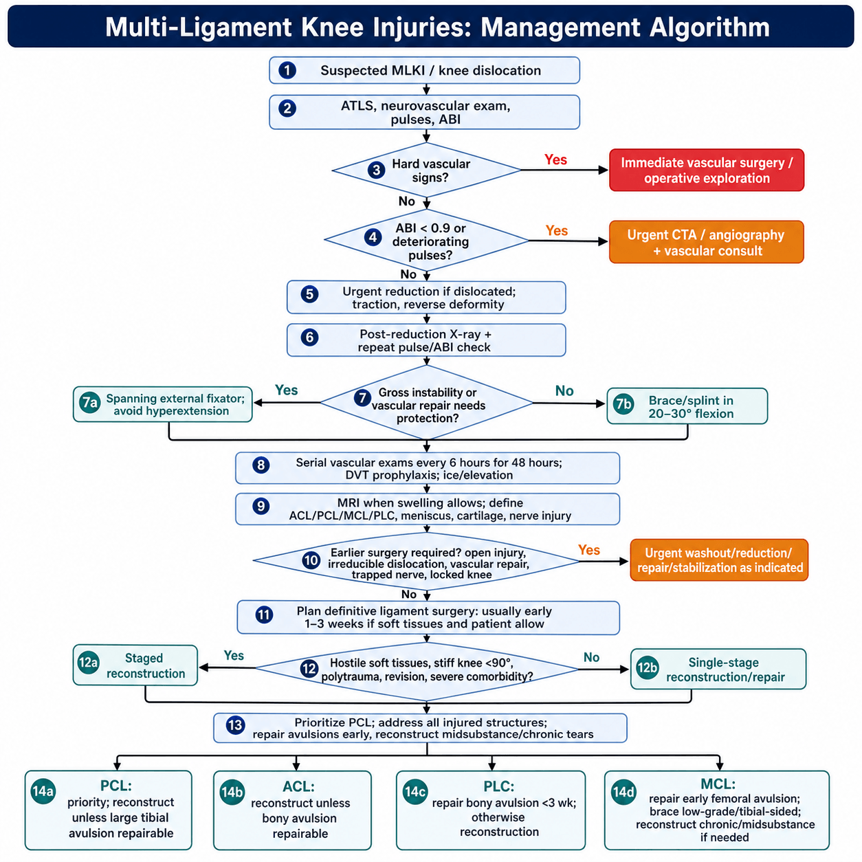 Flowchart: management algorithm for a suspected multi-ligament knee injury / knee dislocation, from vascular triage to definitive ligament reconstruction.