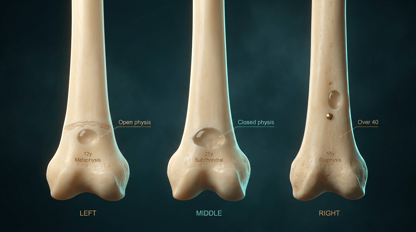 Three ivory long bones labelled Open physis, Closed physis and Over 40, each with a lucent bubble in a different zone.