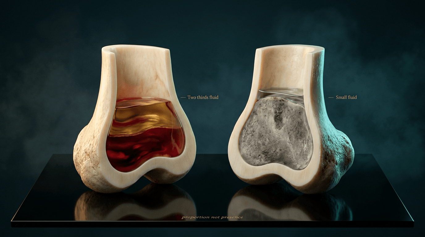 Two cut metaphyses: one almost filled with layered fluid labelled Two thirds fluid, and one mostly solid with a thin meniscus labelled Small fluid.
