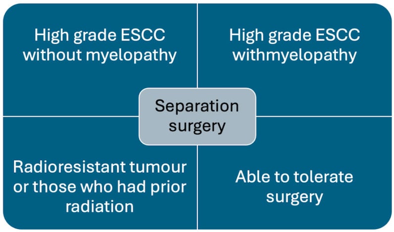Chart showing the indications for separation surgery in high-grade epidural spinal cord compression