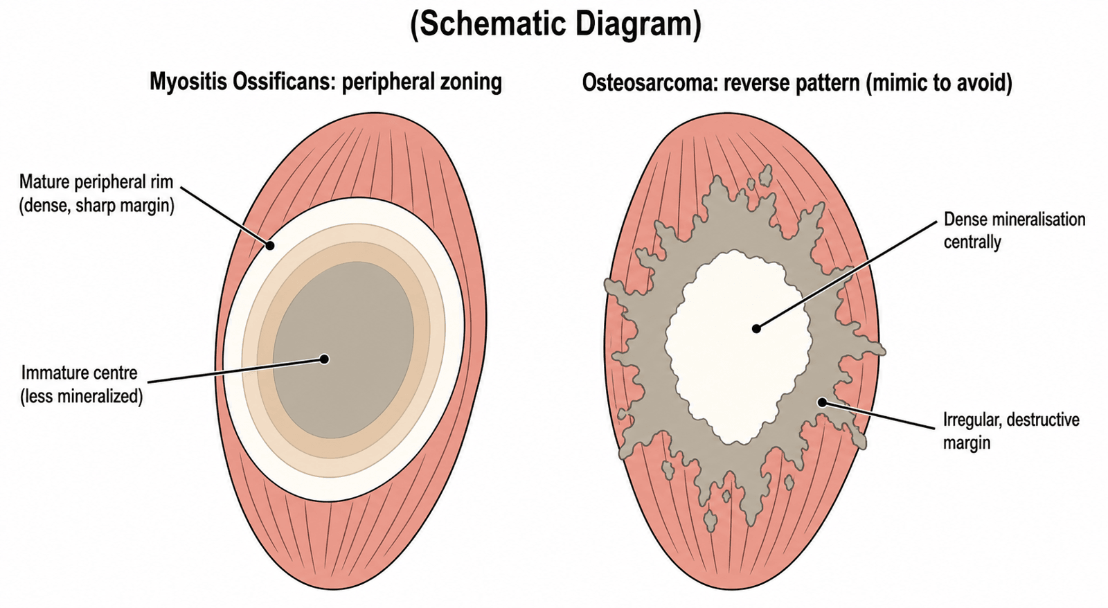 Schematic diagram contrasting the peripheral zoning pattern of myositis ossificans with the reverse, centrally-dense, destructive-margin pattern of osteosarcoma