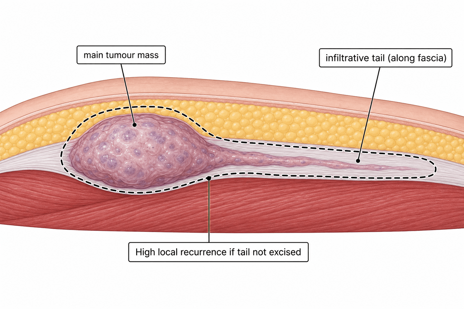 Illustration of myxofibrosarcoma showing an infiltrative tail along the fascia beyond the main mass with a wide-margin line