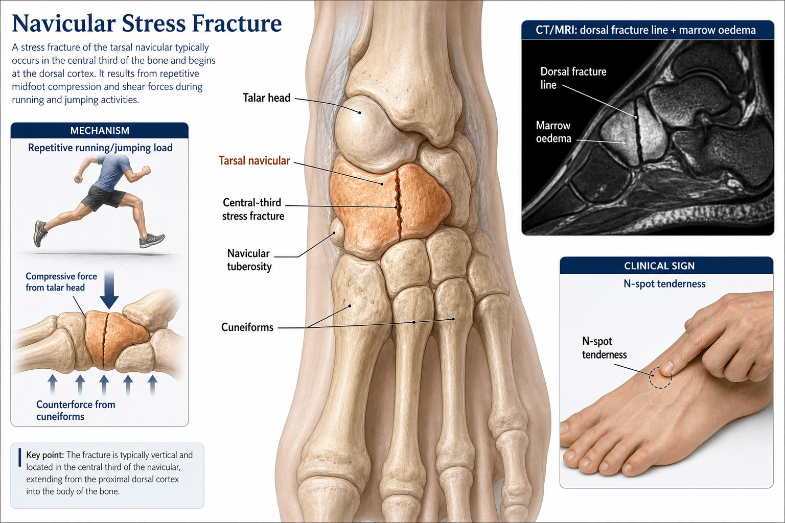 Labelled diagram of a tarsal navicular stress fracture: anatomy, mechanism and clinical sign.