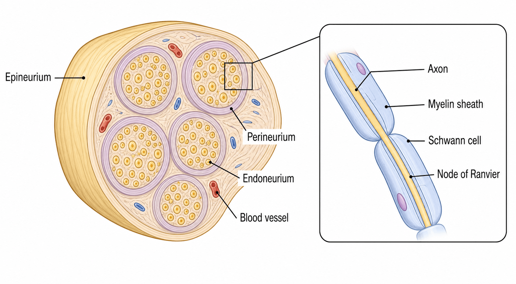 Diagram of peripheral nerve structure: fascicles wrapped by epineurium, perineurium and endoneurium, with an inset of a myelinated fibre.