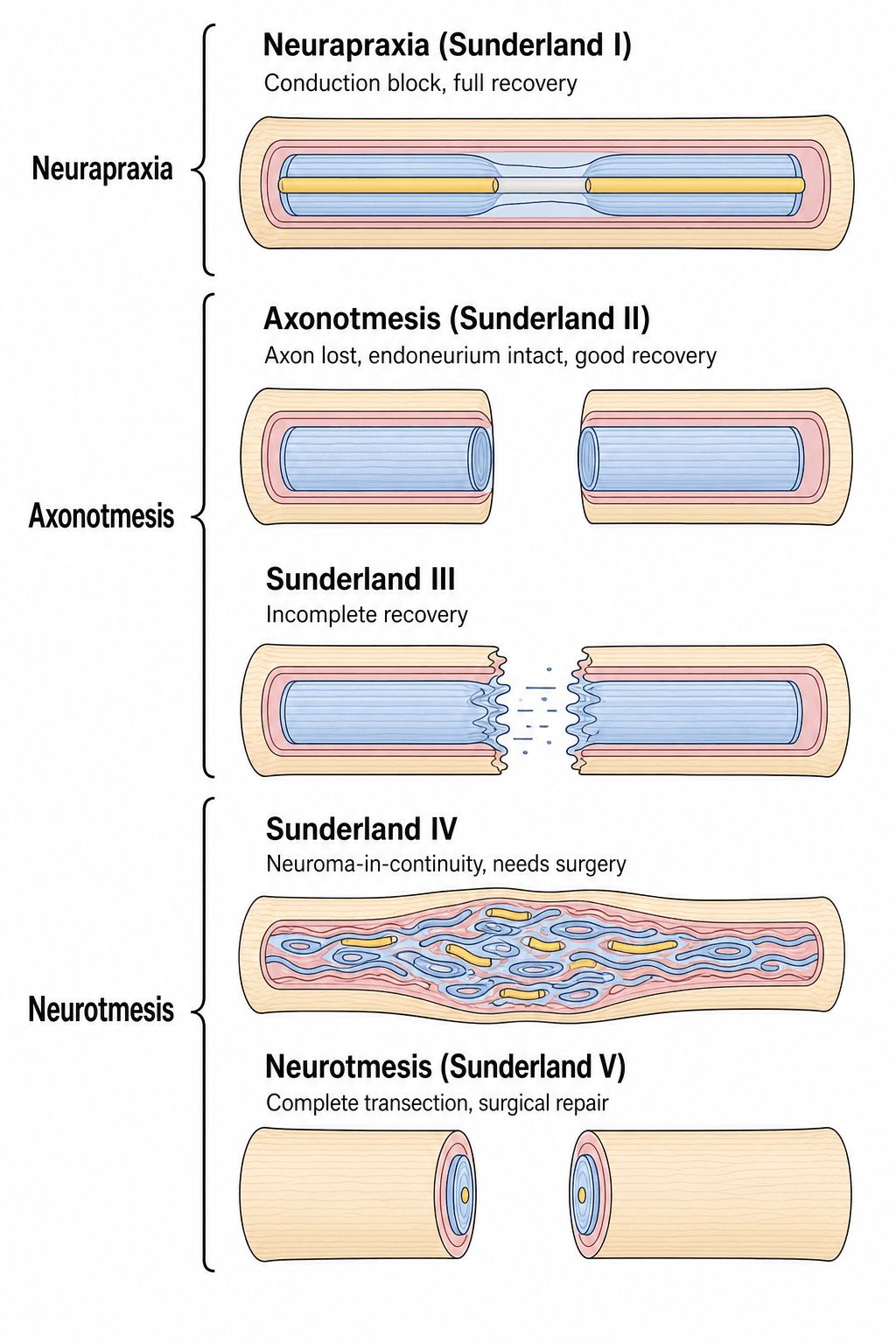 Diagram of the Seddon and Sunderland classifications of nerve injury from neurapraxia to neurotmesis.