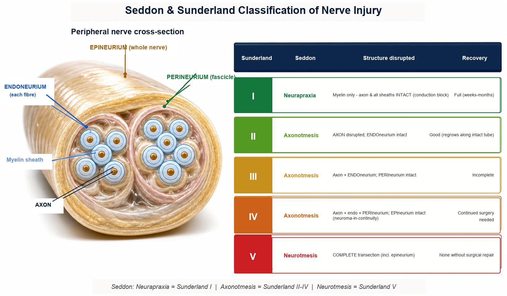 Seddon and Sunderland classification of nerve injury