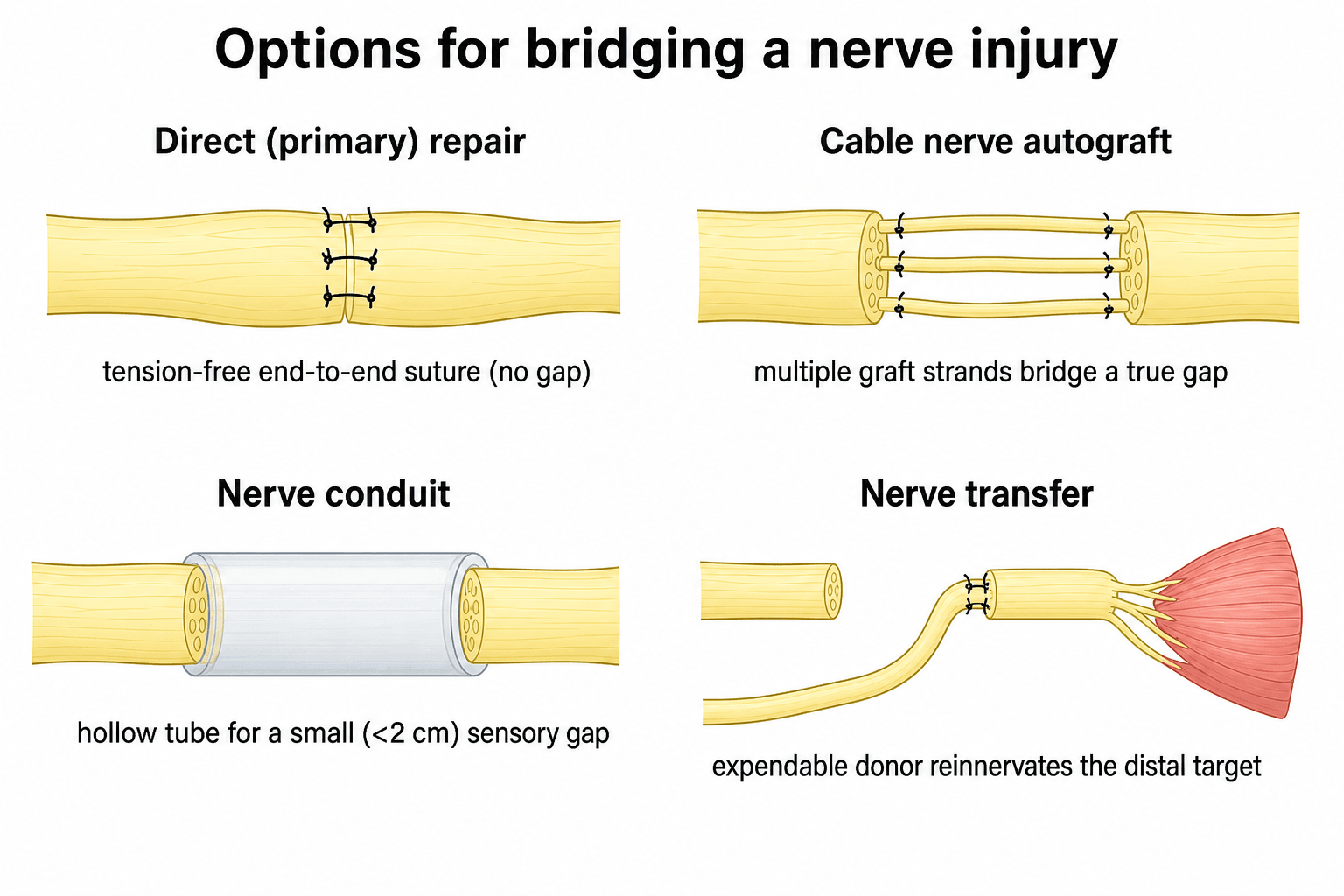 Four-panel schematic of the options to bridge a nerve injury: direct primary repair, cable nerve autograft, nerve conduit, and nerve transfer