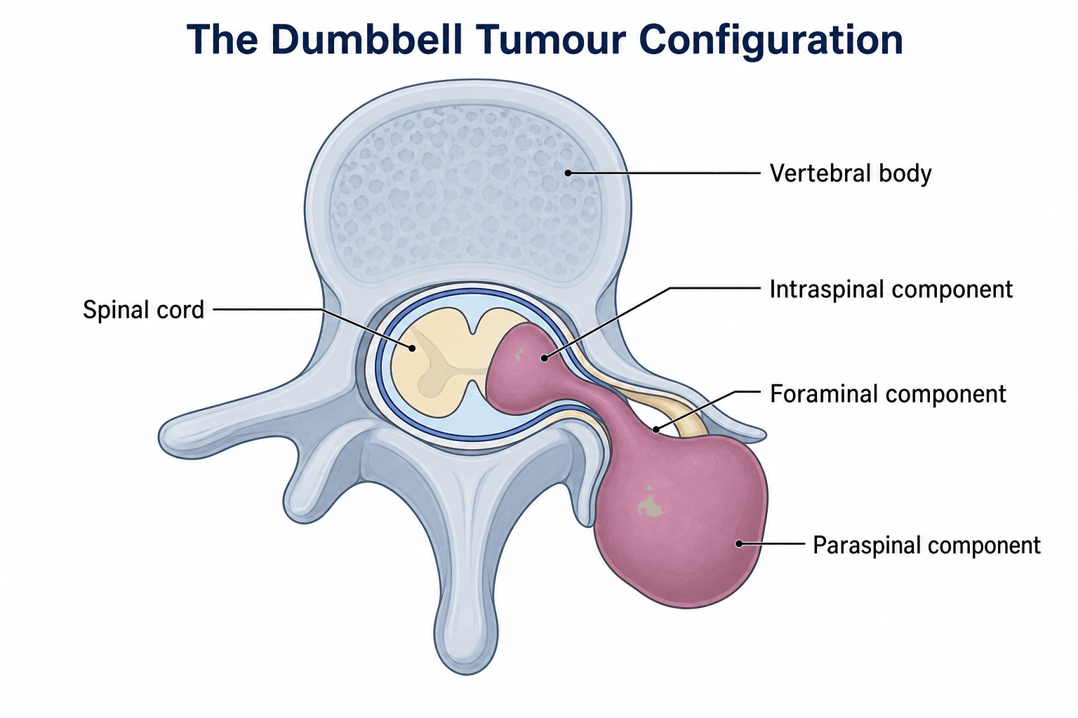 Axial schematic of a dumbbell nerve sheath tumour showing its intraspinal, foraminal and paraspinal components