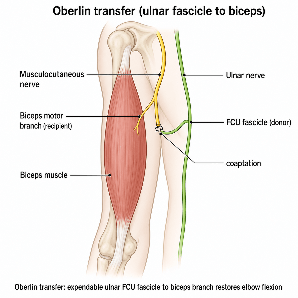 Diagram of the Oberlin transfer: an ulnar FCU fascicle coapted to the biceps branch of the musculocutaneous nerve in the upper arm